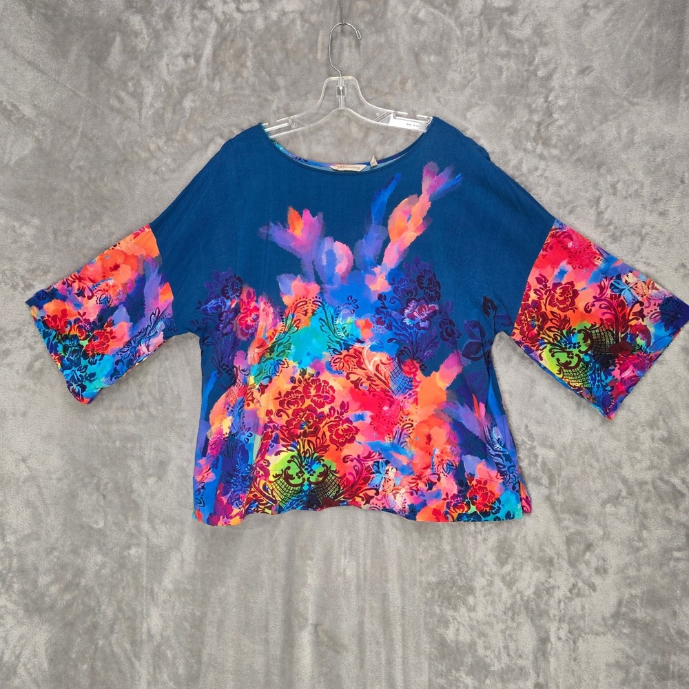 Soft Surroundings Top Women L Blue Multicolor Abstract Floral Boxy Boho Artsy